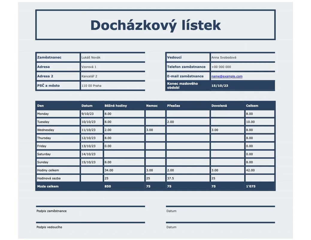 Náhled excelové docházkové karty pro příchody a odchody