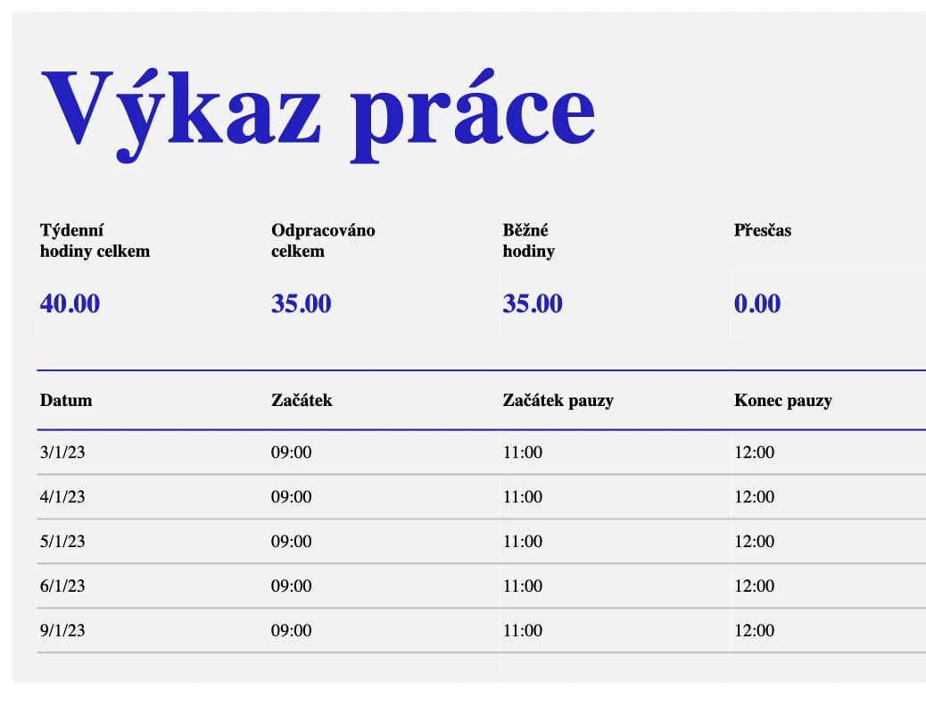 Náhled excelové šablony týdenního výkazu práce